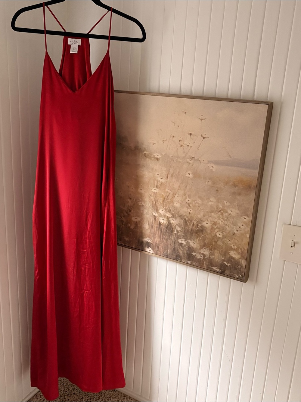 Nicole Miller Red Boho Satin Maxi Slip Dress With Pockets Size Medium